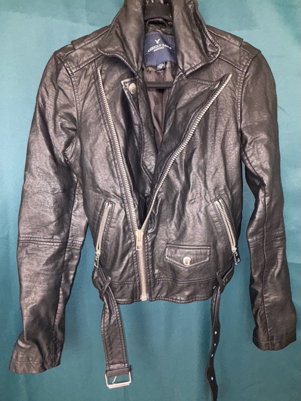 American eagle  Black Leather Moto Jacket with Belt